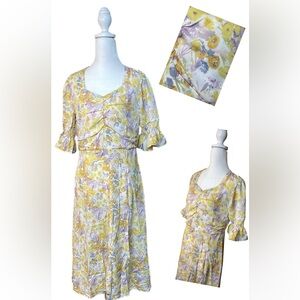 Cottage-core A Line Floral Dress Short Ruffle Sleeve Women's Dress Large Yellow